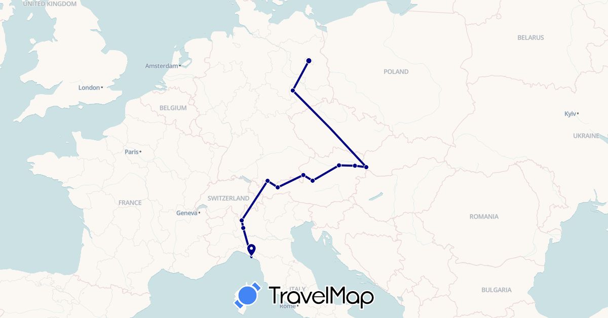 TravelMap itinerary: driving in Austria, Germany, Italy, Slovakia (Europe)